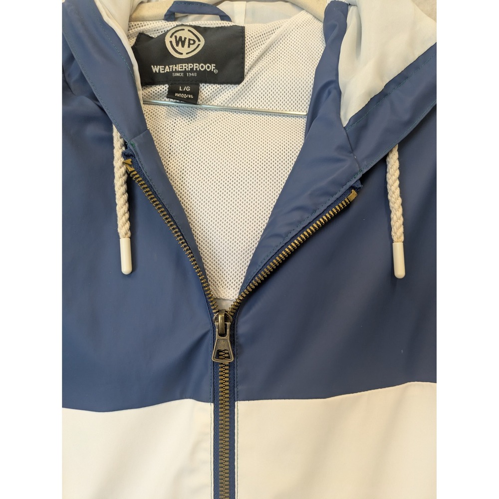 Weatherproof Rain Jacket Men's Large Blue White Green Colorblock Hooded Zip - Picture 7 of 10